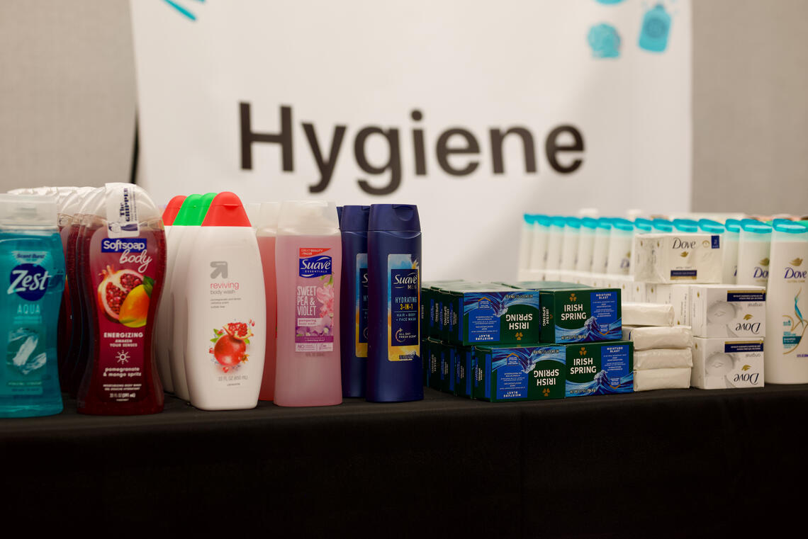 bottles of hygiene products displayed on a table