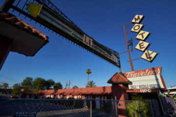 The Travelers Motel sign sits at 1100 Fremont Street in Downtown Las Vegas.