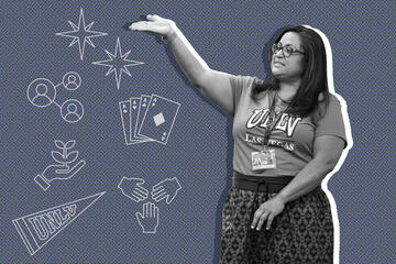 photo illustration of woman next to education and community graphics