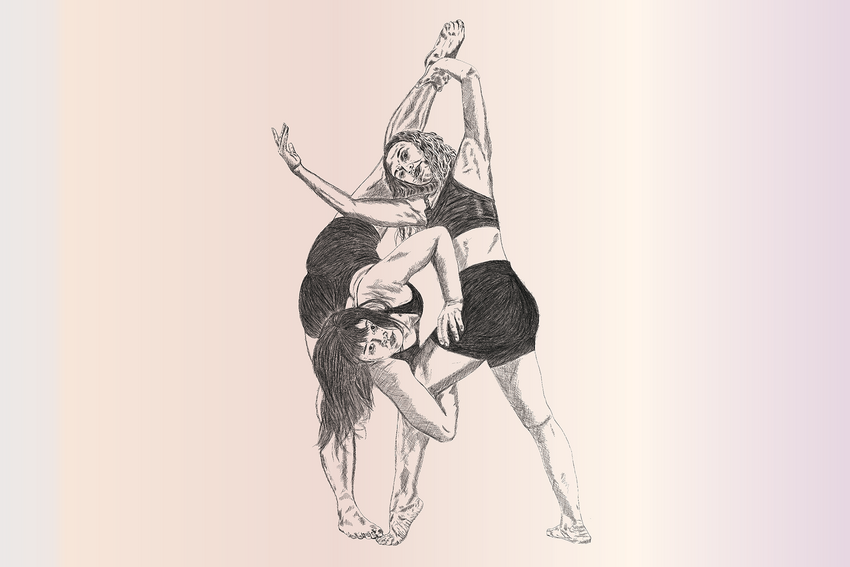 Two dancers, one facing downward with leg extended upward and one holding the extended leg, are on a stage in this drawing.